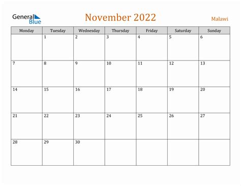Free November 2022 Malawi Calendar