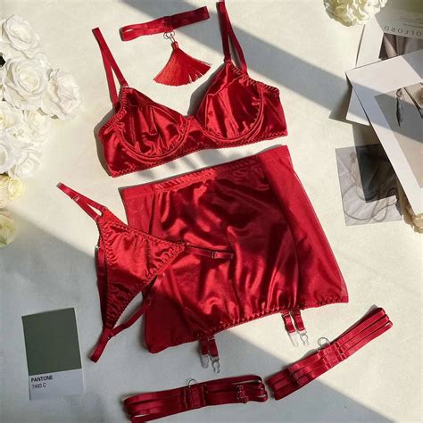 5 Piece Elegance Unveiled Satin Lace Lingerie Set With Skirt