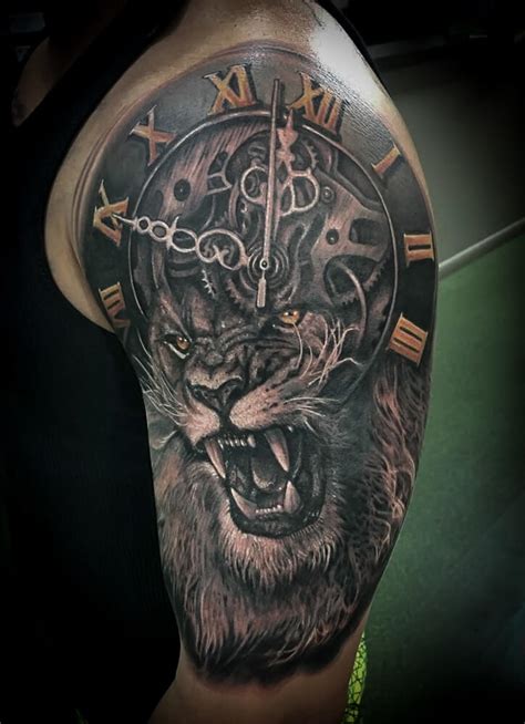 15 Lion And Clock Tattoo Designs Cool Lion Clock Tattoos
