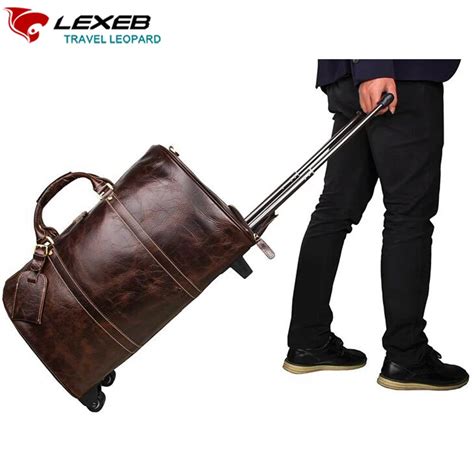 Lexeb Rolling Luggage Travel Duffel Bags Mens Brown Genuine Leather