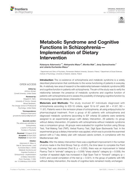 pdf metabolic syndrome and cognitive functions in schizophrenia—implementation of dietary