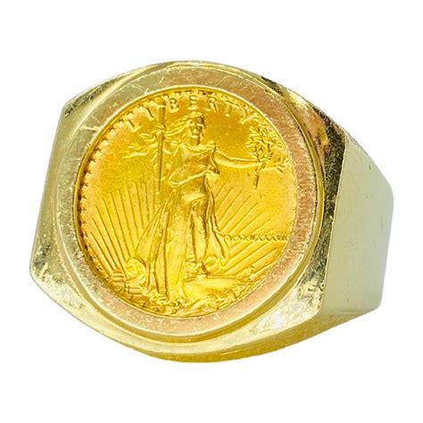 Vintage Mens 22k Gold American Eagle 110oz Coin Ring 14k For Sale At