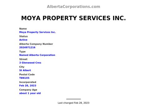 Moya Property Services Inc St Albert Alberta Corporations