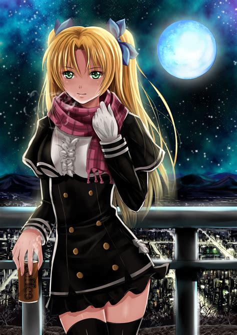 Wallpaper Blonde Night Long Hair Anime Girls Green Eyes Stockings Moon Skirt Twintails