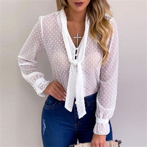 regular v neck polka dots see through long sleeve women s blouse
