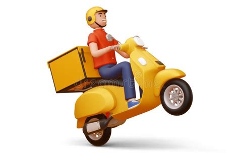 Delivery Man Riding A Motorcycle With Delivery Box 3d Rendering Stock