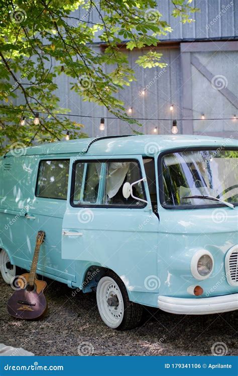 Classic Vintage Blue Camper Van Parked In The Park Stock Photo Image