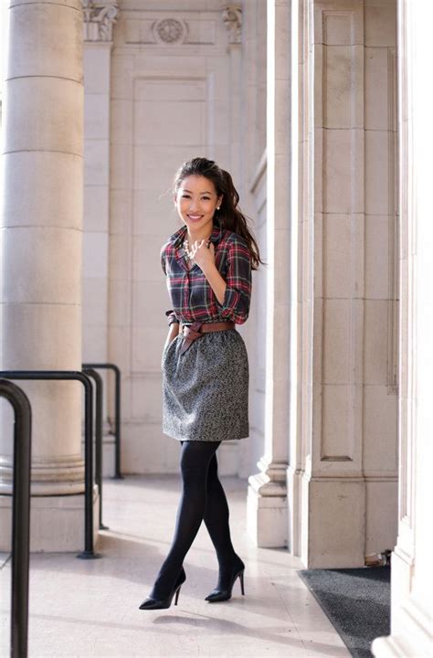 Holiday Work Outfit Christmas Plaid Print Mixing Gray Skirt Outfit