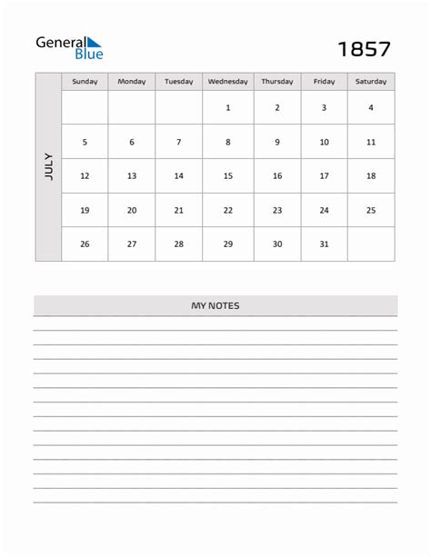 July 1857 Printable Monthly Calendar With Notes