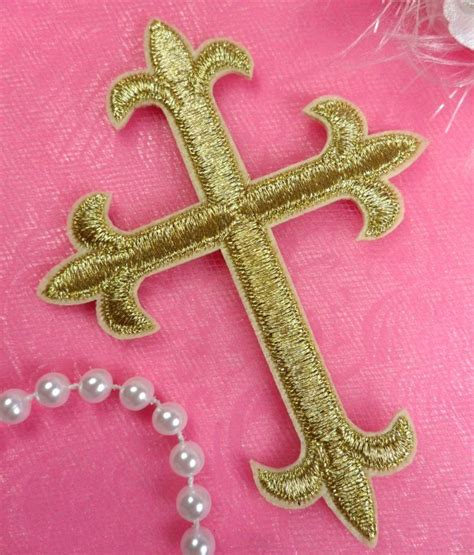 Cross Applique Gold Metallic Embroidered Iron On Patch