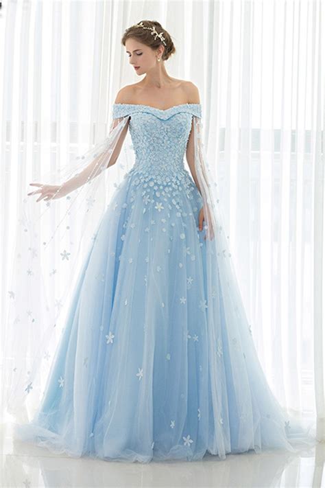 Ice Blue Tulle Off Shoulder Prom Dressball Gowns Wedding Dress Empire