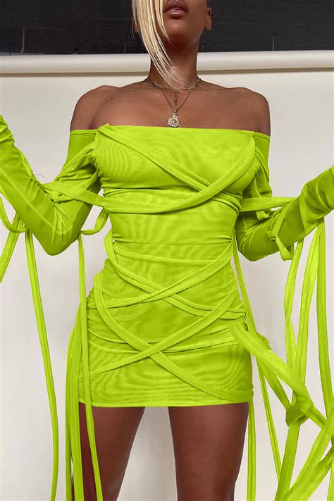 Fluorescent Green Sexy Solid Bandage Hollowed Out See Through Mesh Off