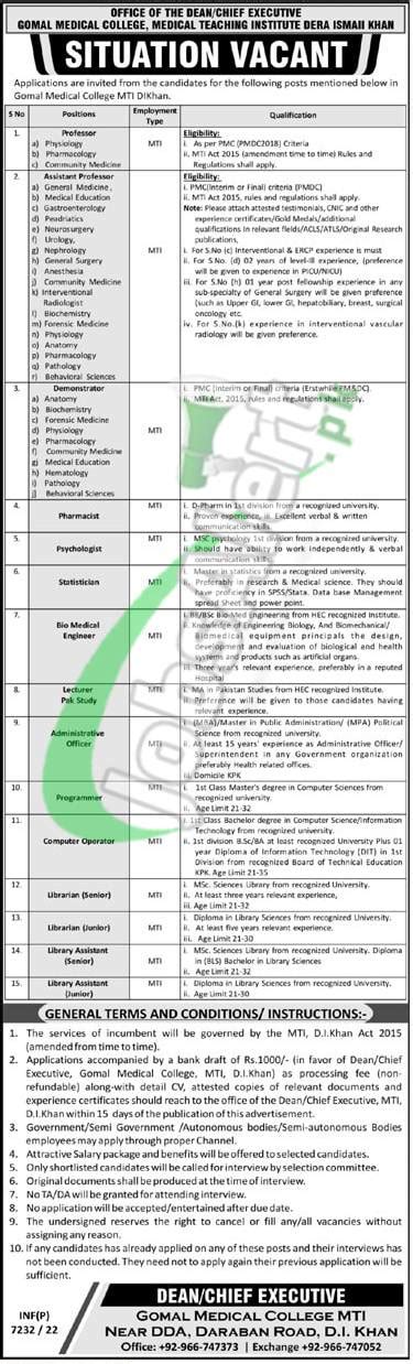 Gomal Medical College Di Khan Jobs For Faculty Staff Latest