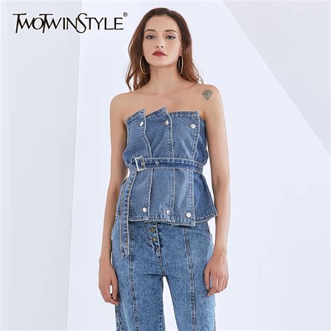 Twotwinstyle Denim Vest For Women Strapless Sleeveless Off Shouder Patchwork Backless Sexy Blue
