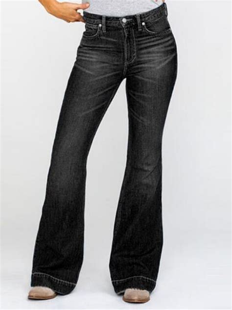 Black Pockets Flare Bell Bottom Distressed Plus Size Vintage Long Jeans