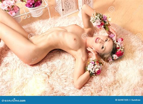 Nude Woman In Wreath With Bouquets Of Flowers Stock Image Image Of
