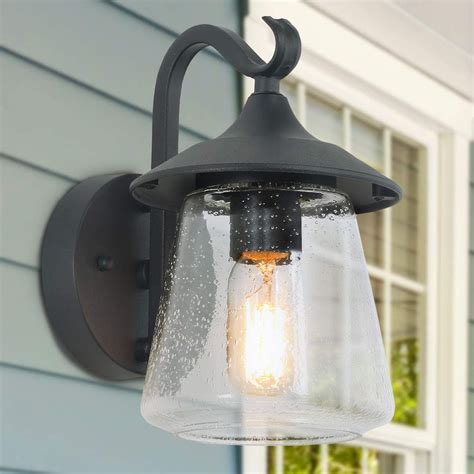 Lnc Farmhouse Black Outdoor Wall Light With Clear Seeded Glass Porch