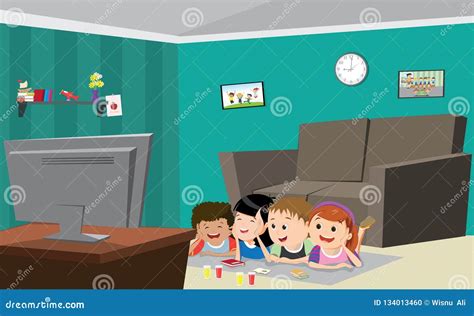 Vector Illustration Of Children Watching Tv Stock Vector Illustration