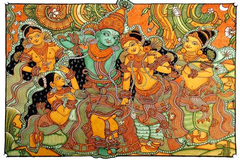 64 Arts Krishna Playing The Vrindavan Kerala Mural Art Unframed Canvas