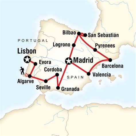 The Route Map For Spain And Portugal With Its Major Cities In Red On It