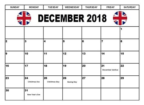 A Calendar With The Flag Of England On It For December And December As
