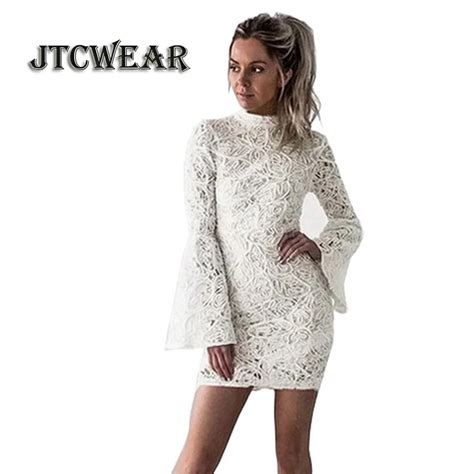 Flare Long Sleeve White Lace Mini Dress Autumn Night Club Party Sex