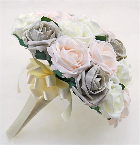 Light Grey Pink And Ivory Foam Rose Wedding Flower Package With Brides