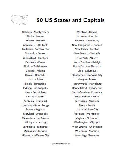 50 States and Capitals List - Free Printable | States and capitals