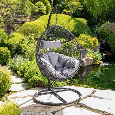 Katelyn Outdoor Black Wicker Hanging Basket Chair With Stand