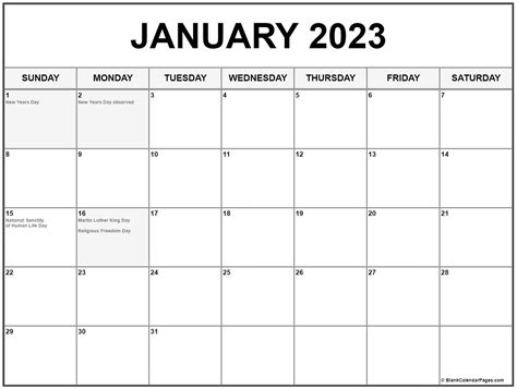 January 2023 With Holidays Calendar