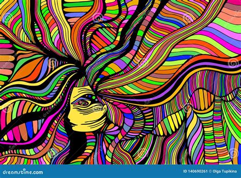 Psychedelic Fantasy Beautiful Girl Vector Hand Drawn Illustration With