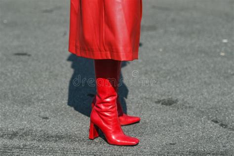 Woman Wearing Red Boots And Long Leather Red Skirt Stock Image Image