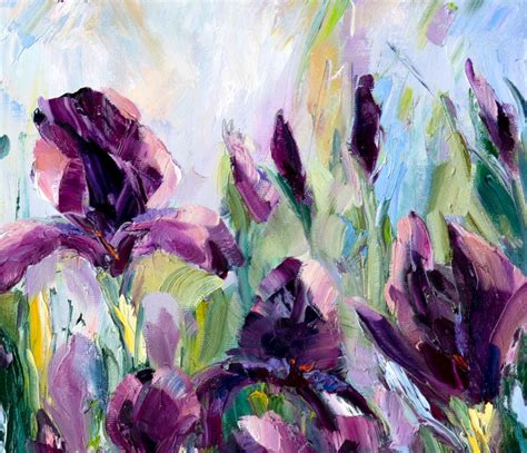Irises Oil Painting Textured Flower Palette Knife Etsy