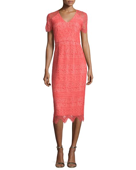 Shoshanna Short Sleeve V Neck Lace Dress Coral Neiman Marcus