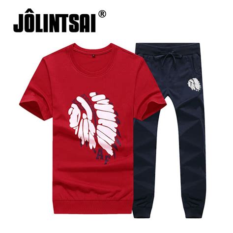 jolintsai men 2017 summer men clothing set o neck short sleeve 2 pieces set print t shirt pants