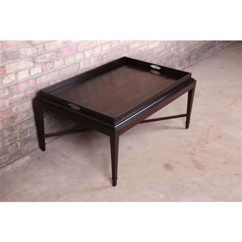 It features wrought iron x base and beveled glass top. Barbara Barry for Baker Furniture Dark Mahogany Coffee ...
