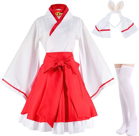 Elibelle Japanese Anime Red And White Kimono Fox Cosplay Costume With