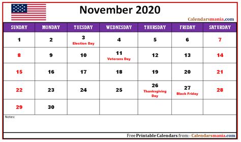 November 2020 Usa Holidays Calendar Calendar Usa November Calendar