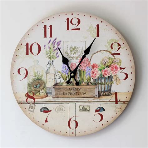 Decorative Kitchen Retro Wall Clock Home Furnishing Painted Floral Wood