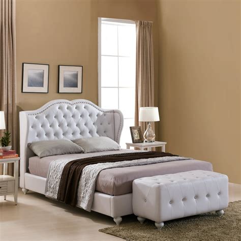 white faux leather king size crystal button tufted upholstered platform slat bed wood frame