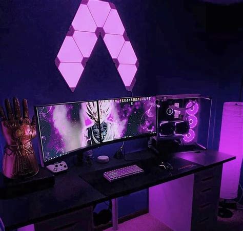 Purple Gaming Setup With Nanoleafs Gaming Room Setup Video Game
