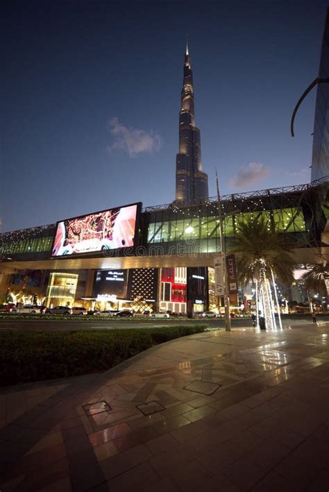 Dubai Downtown Burj Khalifa Area From The Bridge At Night Editorial