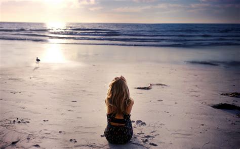 Girl Sitting By Beach Lonely Must Be Early Morning With Peaceful Sea And Rising Sun Things