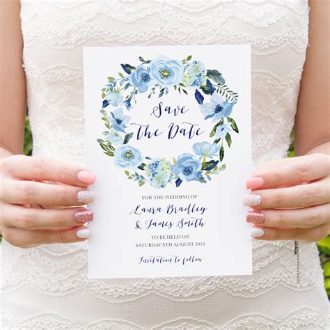 Blue Floral Save The Date Cards Blue Watercolour Flowers Baby Blue