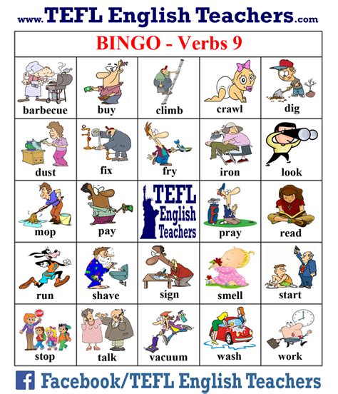 Tefl English Teachers Bingo Verbs Game Board 9 Of 20 English Verbs