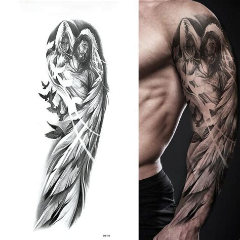 Large Arm Sleeve Tattoo Angel Wings Pigeon Jesus Waterproof Temporary