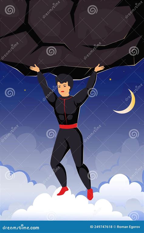 Superhero Flying With Rock Super Comic Cartoon Hero In Cape Holding