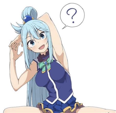 Color 1girl Aqua Konosuba Arms Up Bare Shoulders Blue Eyes Blue Hair Blueyellow Trimmed