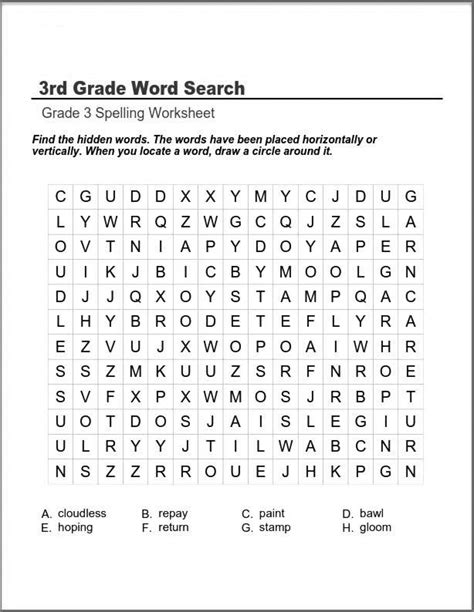 3rd grade master spelling list (36 weeks/6 pages) download master spelling list (pdf) this master list includes 36 weeks of spelling lists, and covers sight words, academic words, and 3rd grade level appropriate patterns for words, focusing on word families, prefixes/suffixes, homophones, compound words, word roots/origins and more. Third Grade Word Search - Best Coloring Pages For Kids ...