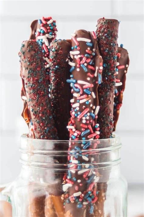 Chocolate Dipped Pretzel Rods Chocolate Coating Salty Treats Salty Snacks 4th Of July
